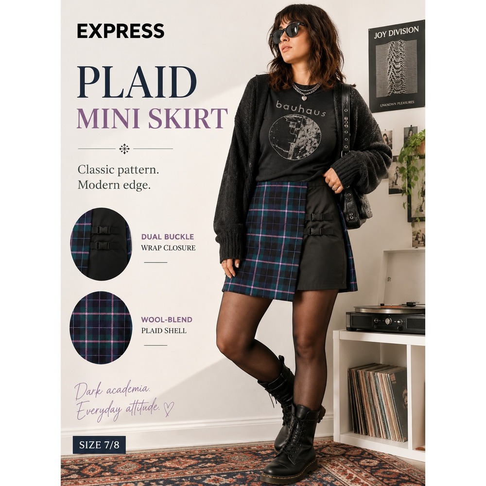 Express Worldbrand Vintage Plaid Mini Skirt Blue Green Buckle‎ Wrap Utility Wool